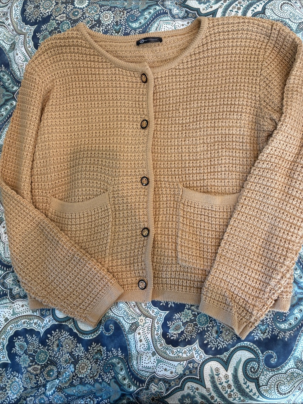 Waffle-Knit Button Front Cardigan Sweater - Camel